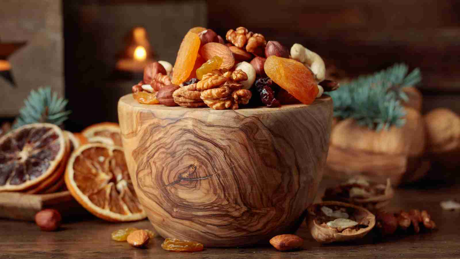 A wooden bowl filled with a variety of dried fruits and nuts, including apricots, walnuts, cashews, and raisins, sits on a rustic table with dried orange slices and pine branches nearby.