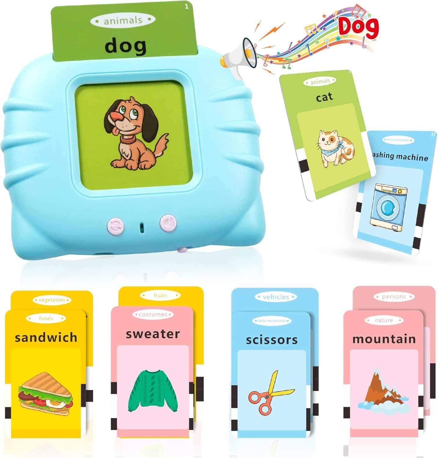 A blue electronic learning device displays a cartoon dog with the word "dog." Surrounding it are illustrated vocabulary cards for cat, sandwich, sweater, scissors, and mountain.