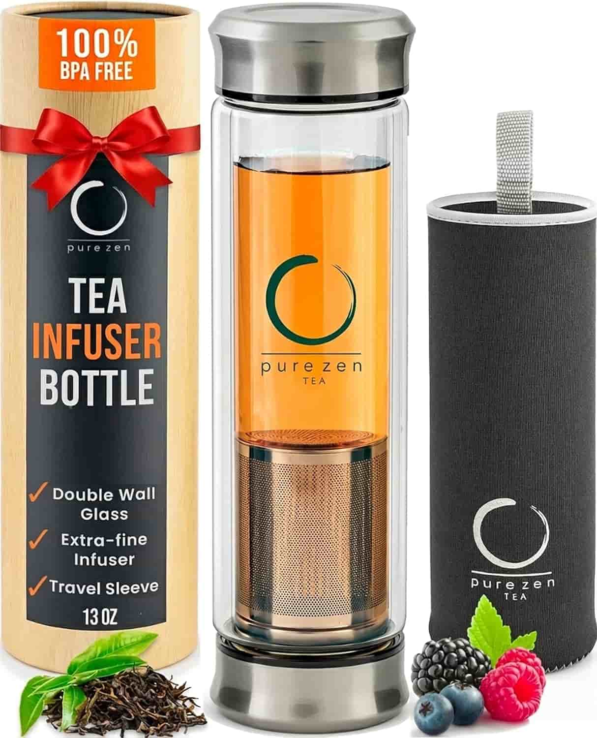 Double wall glass tea infuser bottle with metal infuser, travel sleeve, packaging, loose tea leaves, and assorted berries shown.