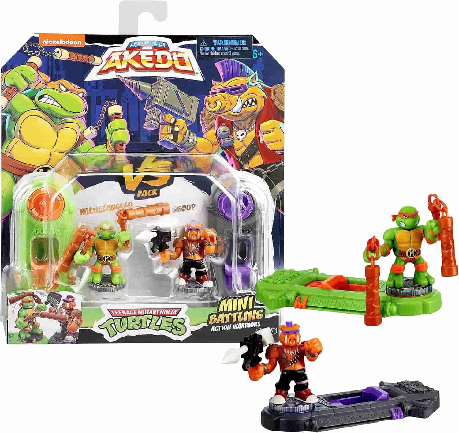 Akedo Teenage Mutant Ninja Turtles VS Pack featuring Michelangelo and Shredder mini battling action figures with accessories and packaging.