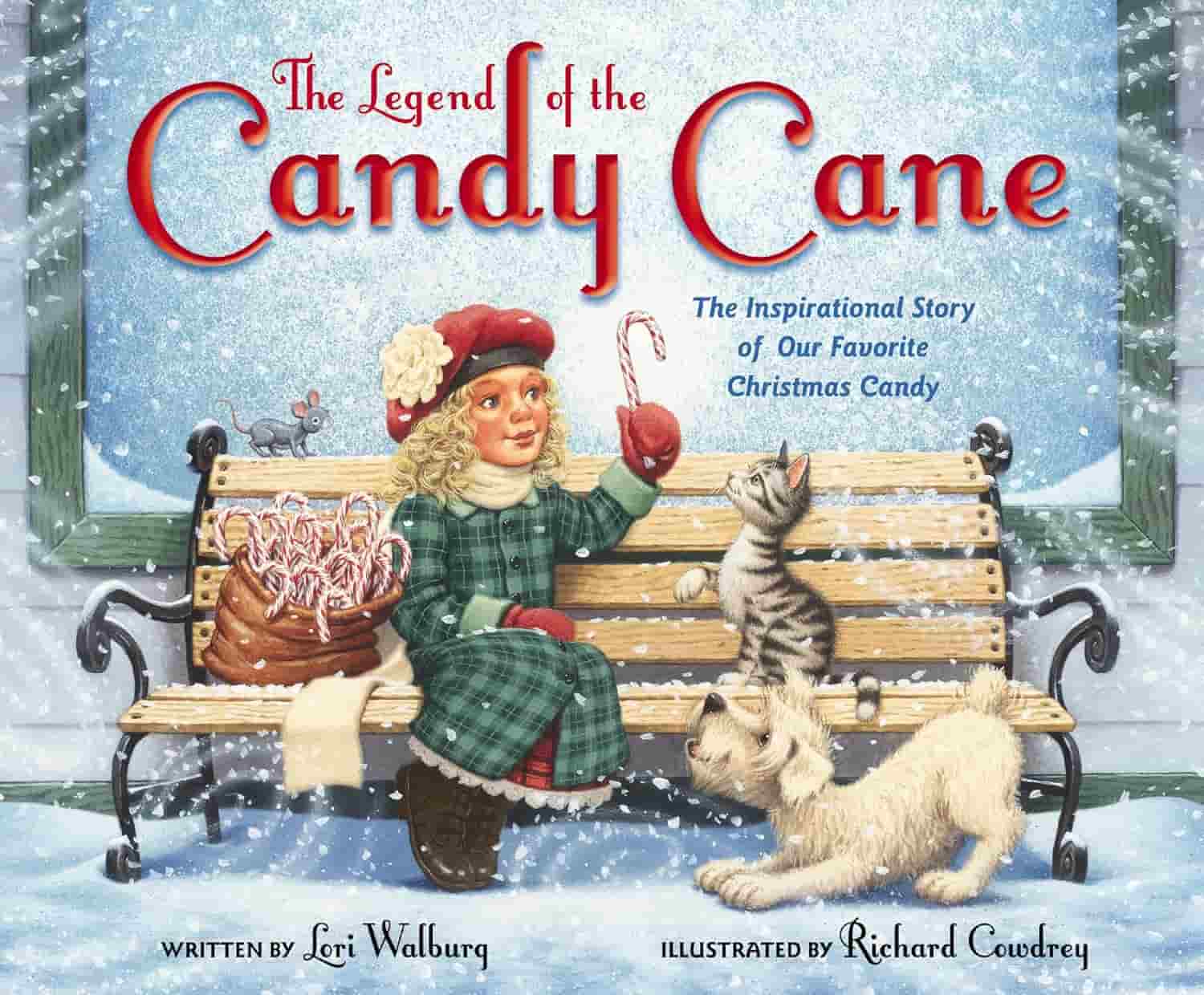 A girl in winter clothes sits on a bench holding a candy cane, surrounded by two cats and candy canes, with snow falling. The book title reads "The Legend of the Candy Cane.
