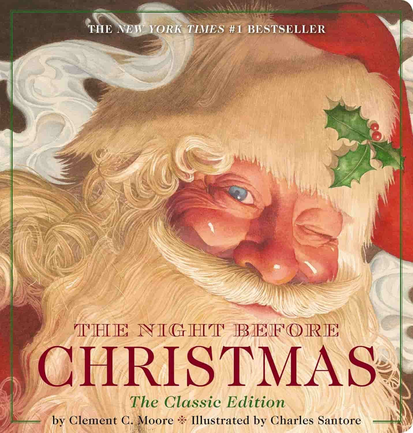 Illustration of Santa Claus winking, with holly in his hat, featured on the cover of "The Night Before Christmas: The Classic Edition" by Clement C. Moore.