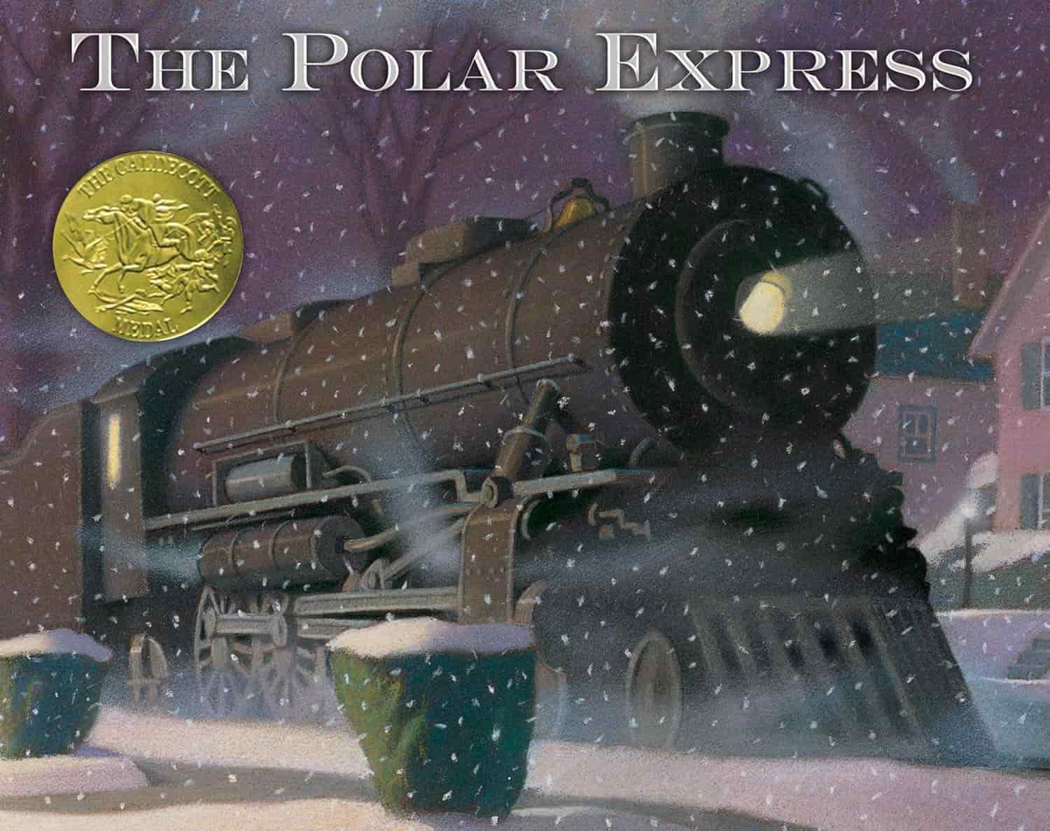 A steam locomotive travels through falling snow at night in a residential area; the cover reads "The Polar Express" with a gold award seal.