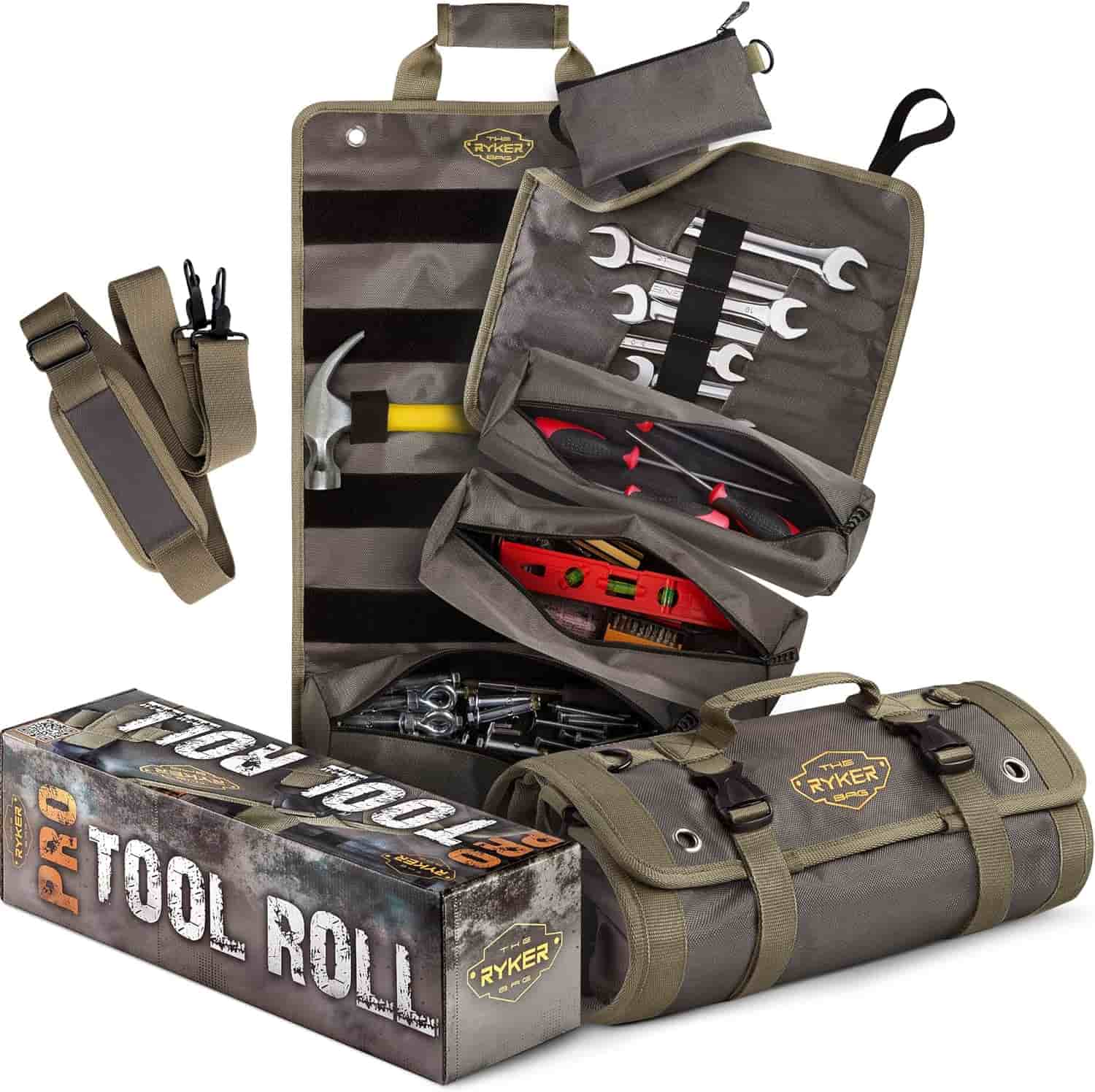 A Ryker Pro Tool Roll kit shown open with various hand tools organized inside, along with its carrying case, detachable pouch, shoulder strap, and product box.