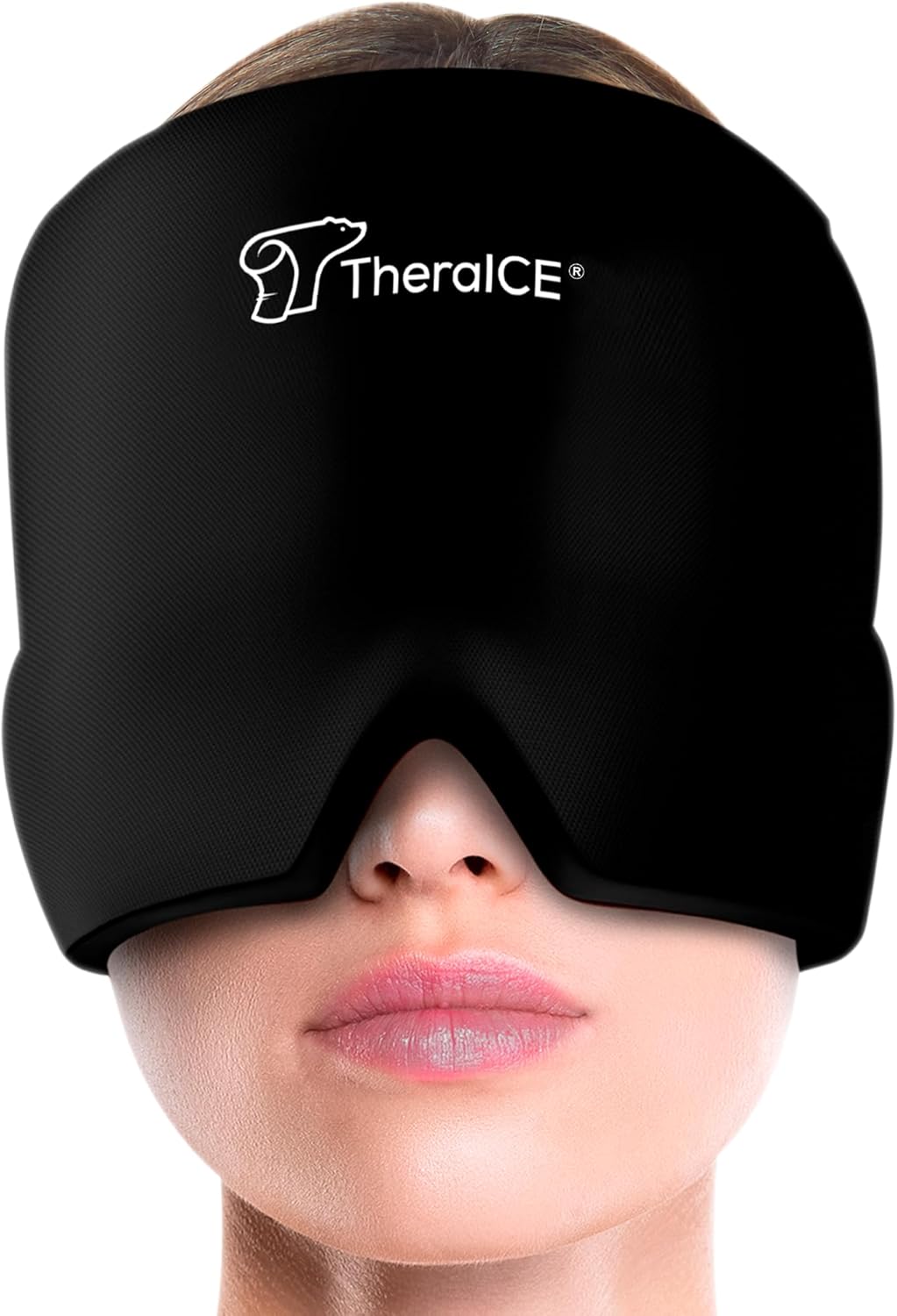 A person wearing a black TheraICE mask that covers their eyes, nose, and forehead, shown against a white background.