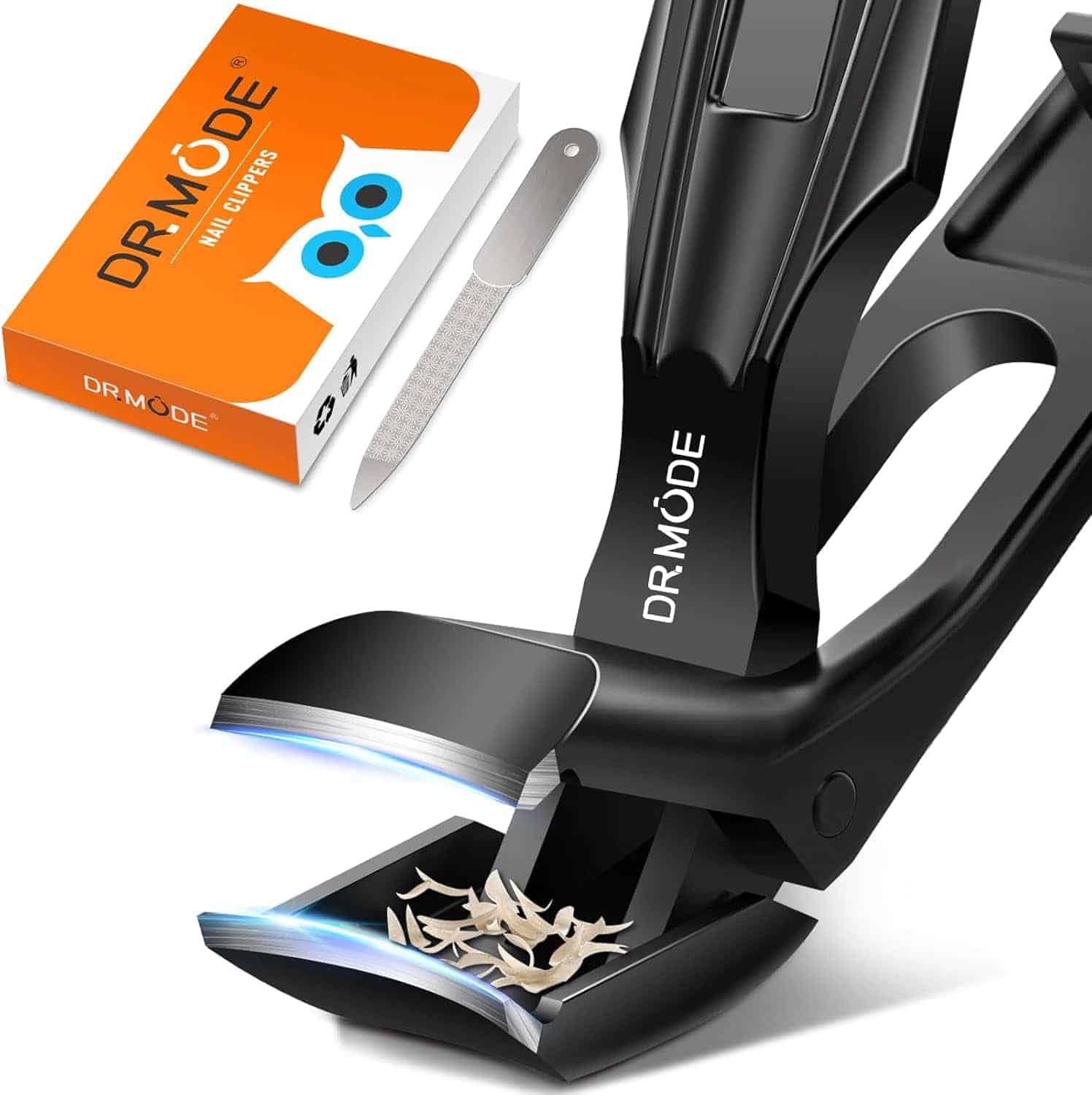 Black nail clipper with a built-in nail catching compartment, a nail file, and an orange box labeled "DR.MODE" with an owl logo in the background.