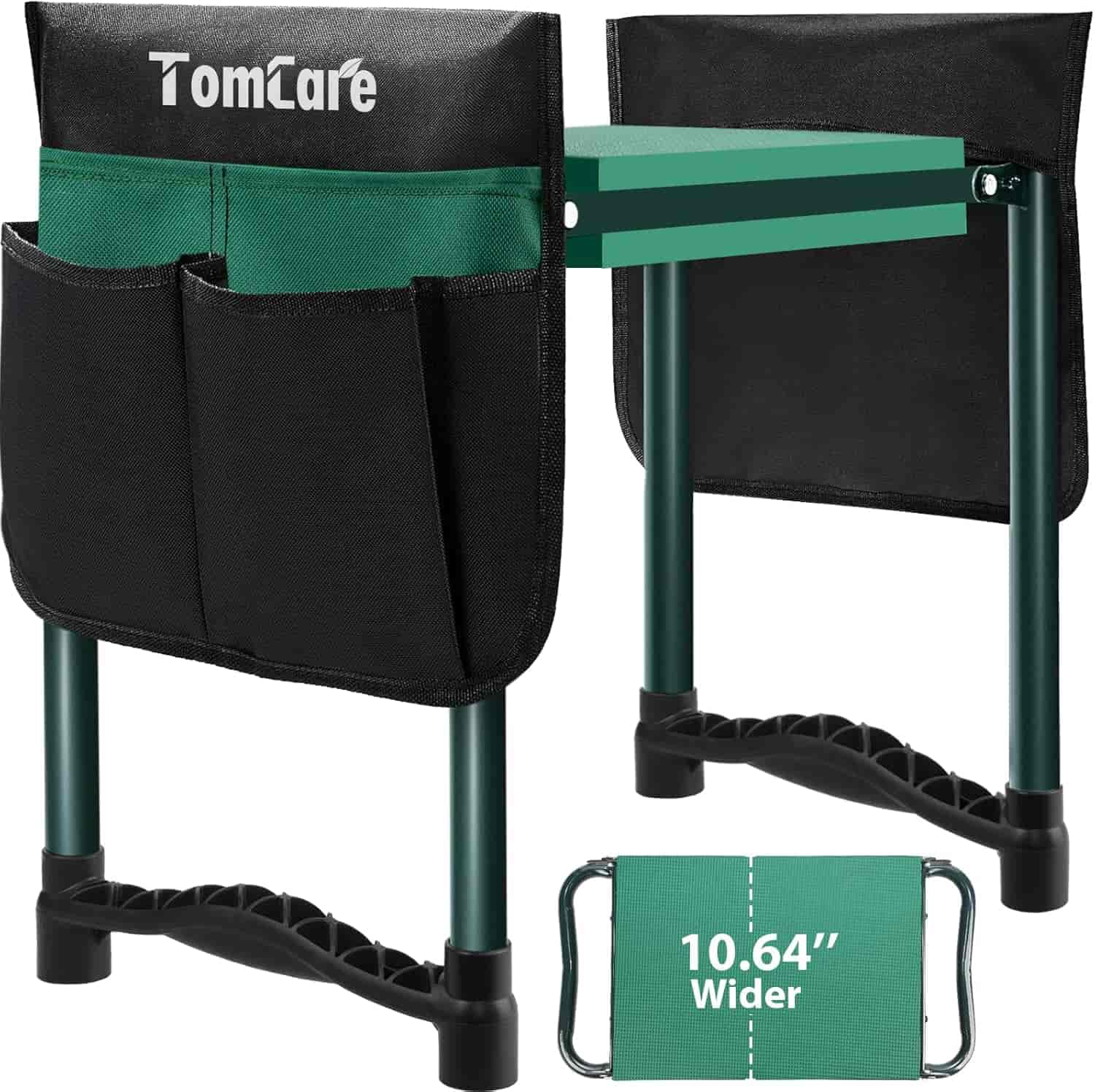 Green and black foldable garden kneeler and seat with tool pouches, metal frame, and platforms. Text on image indicates "10.64'' wider.