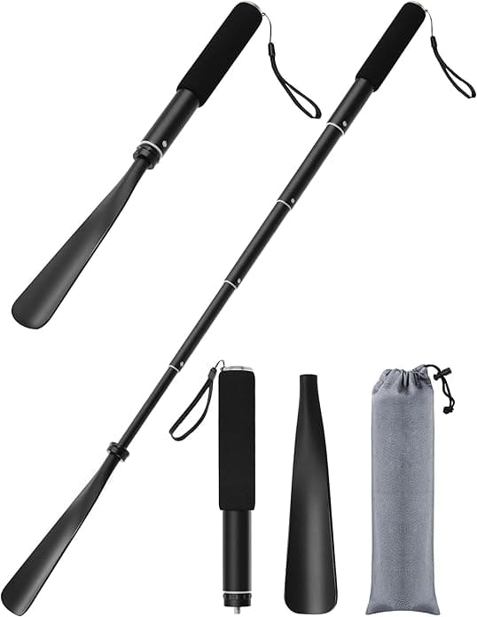 Collapsible black kayak paddle with foam handles, detachable sections, a storage bag, and wrist straps, displayed both assembled and disassembled.