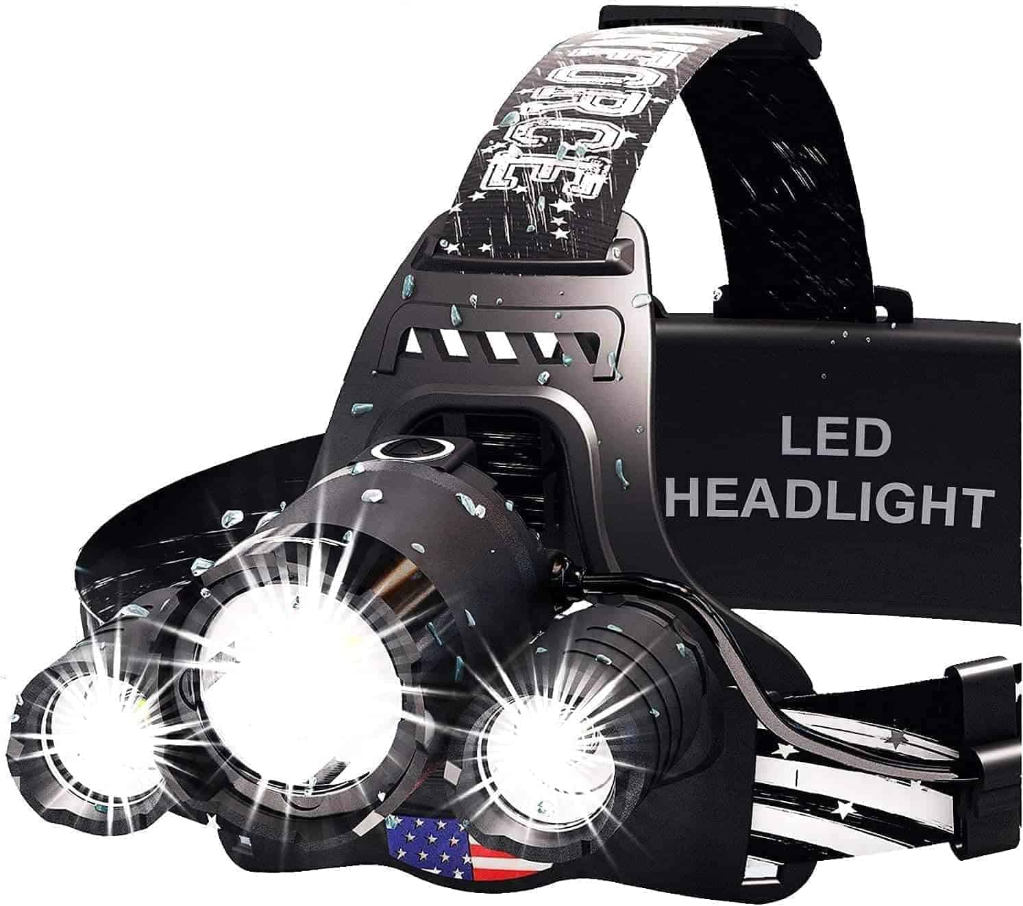 Black LED headlamp with adjustable strap, three light sources, and "LED HEADLIGHT" text on the side, shown with light beams illuminated.