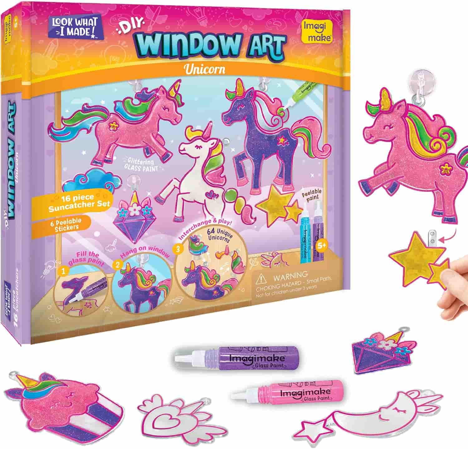 Boxed DIY window art kit featuring unicorn-themed designs, paint tubes, suncatchers, and sample completed pieces, suitable for creative crafts and decorating windows.