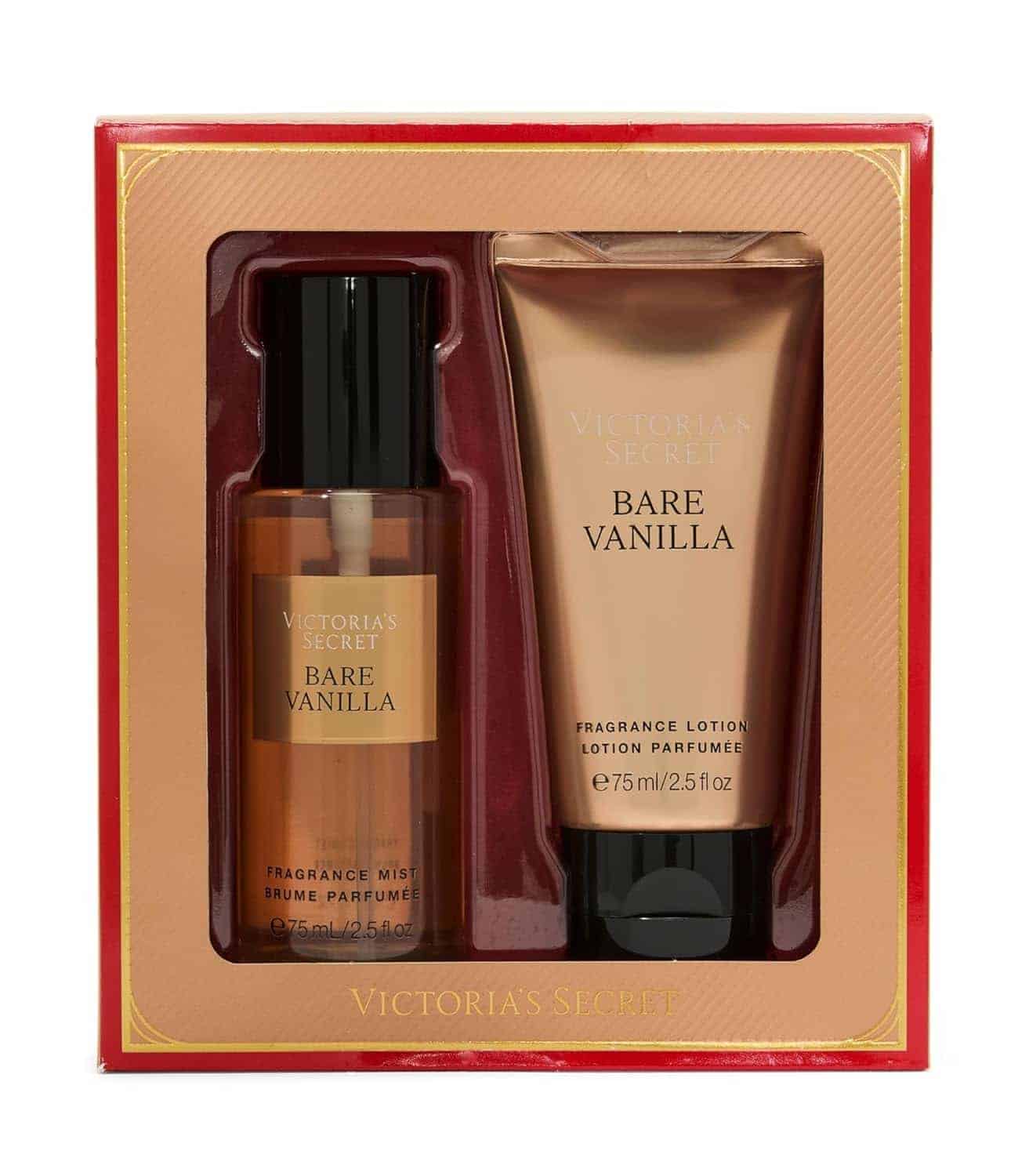Victoria’s Secret Bare Vanilla gift set with fragrance mist and fragrance lotion in a red and gold box.