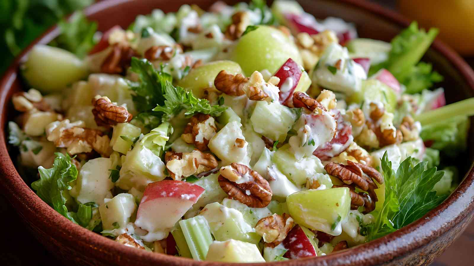 A bowl of Waldorf salad with chopped apples, celery, grapes, walnuts, fresh parsley, and creamy dressing.