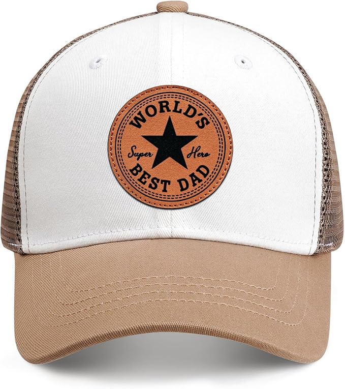 A beige and white trucker hat with a leather patch on the front that reads "World's Best Dad" with a star and the words "Super Hero.
