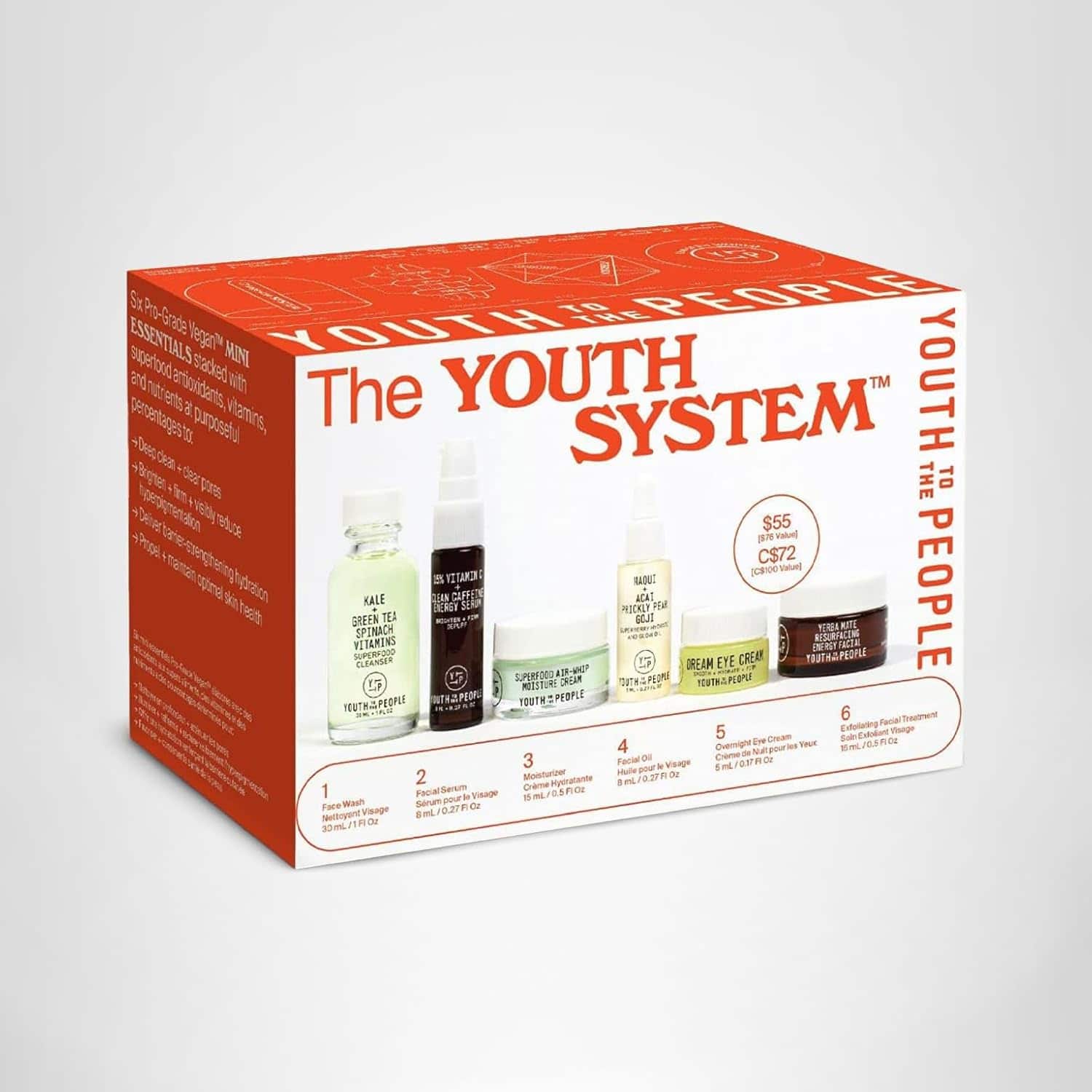 Box set of Youth To The People skincare products labeled "The Youth System," showing six included items and product descriptions on white and orange packaging.