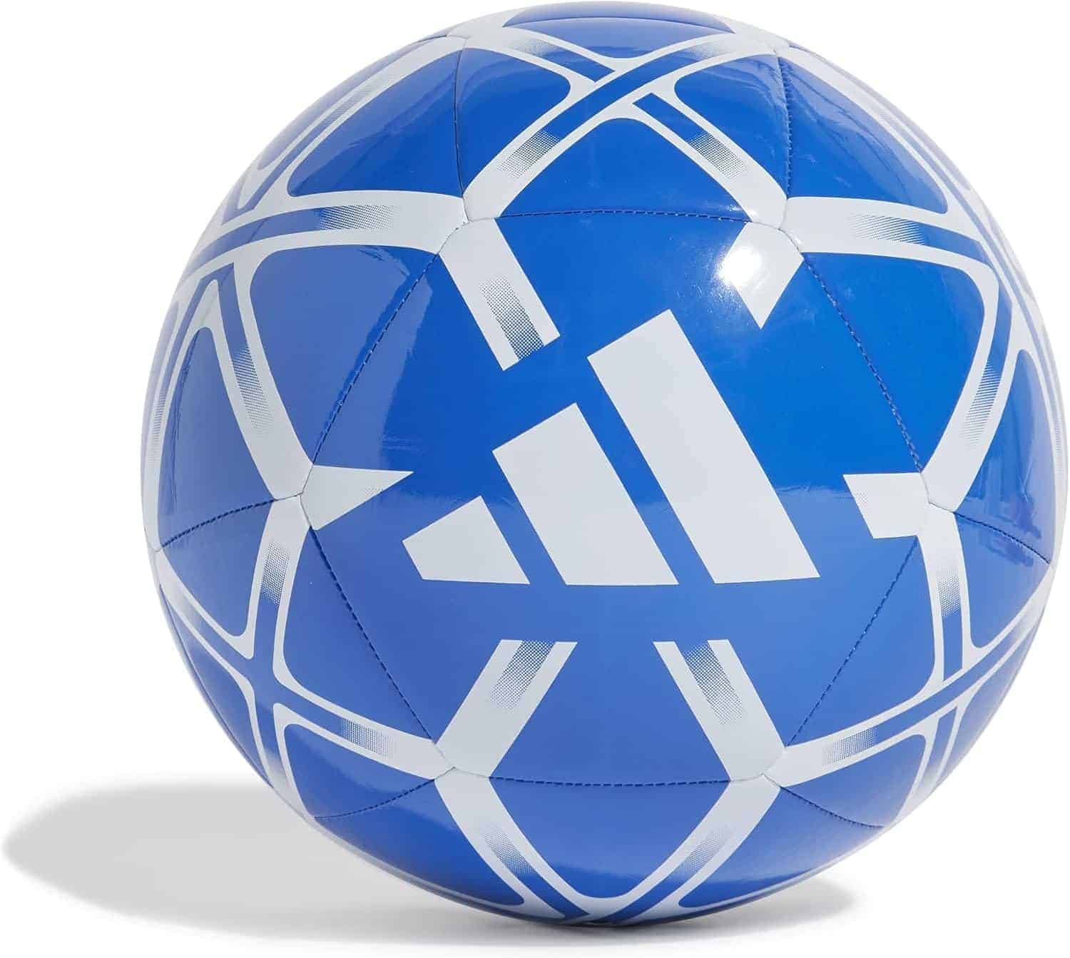 A blue and white soccer ball featuring a prominent Adidas logo and geometric pattern on its surface.