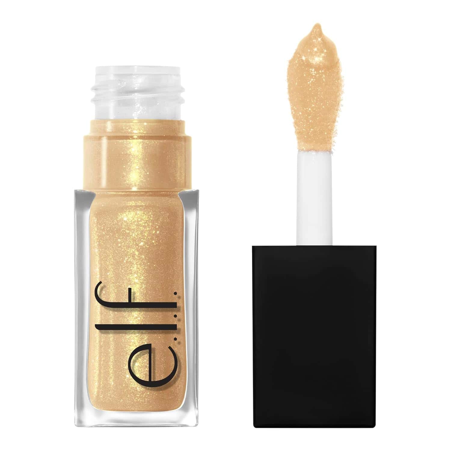 A clear tube of e.l.f. gold shimmer liquid eyeshadow with a black cap, shown open with the doe foot applicator covered in the product.