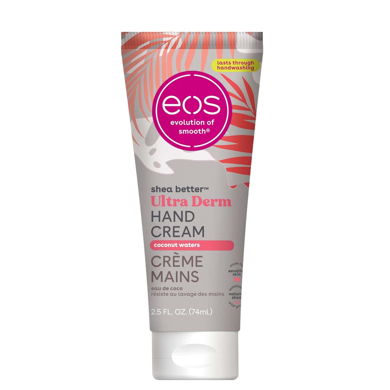 A 2.5 fl oz tube of eos Ultra Derm shea better hand cream in coconut waters scent, labeled as lasting through handwashing, with a pink and gray design.