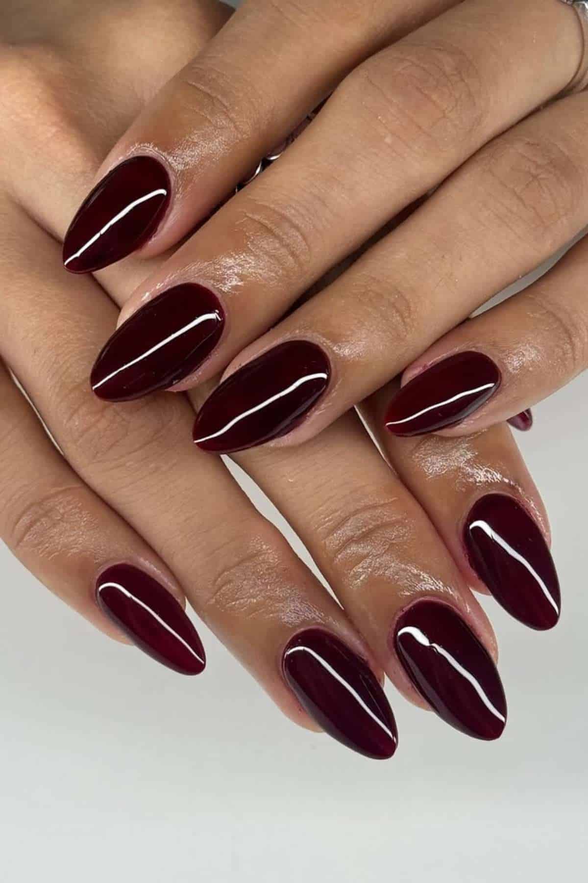 Close-up of hands with long, almond-shaped nails painted in a glossy, dark burgundy color.