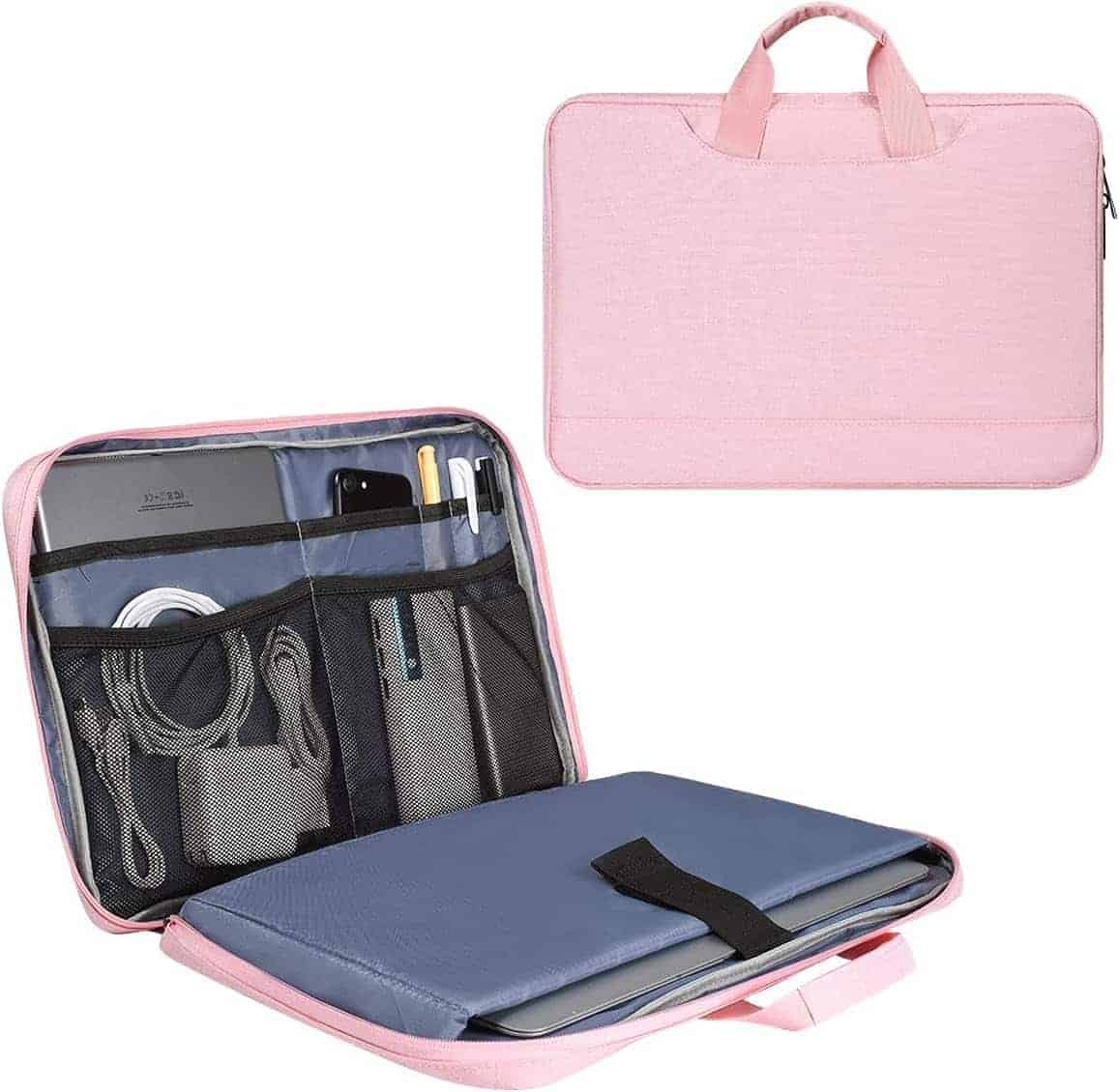 A pink fabric laptop carrying case with handles, shown closed and open. The open view reveals organized mesh pockets holding accessories and a padded compartment for a laptop.