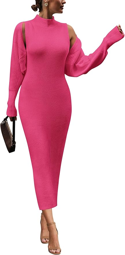 Woman wearing a fitted, ribbed pink knit dress with one long sleeve and one sleeveless side, holding a black clutch and wearing heeled sandals.