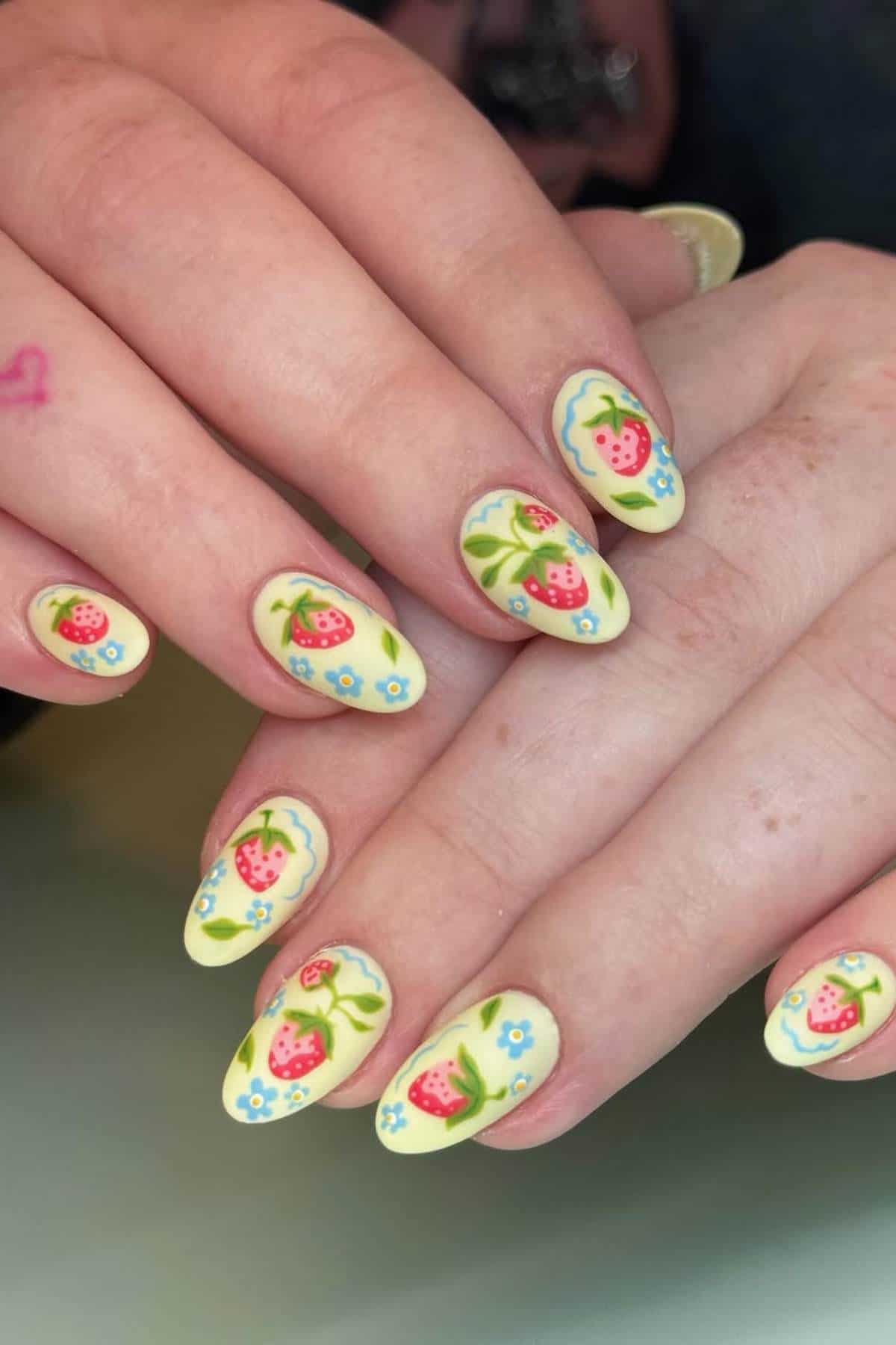 Hands with almond-shaped nails painted light yellow, featuring detailed strawberry and blue flower designs on each nail.