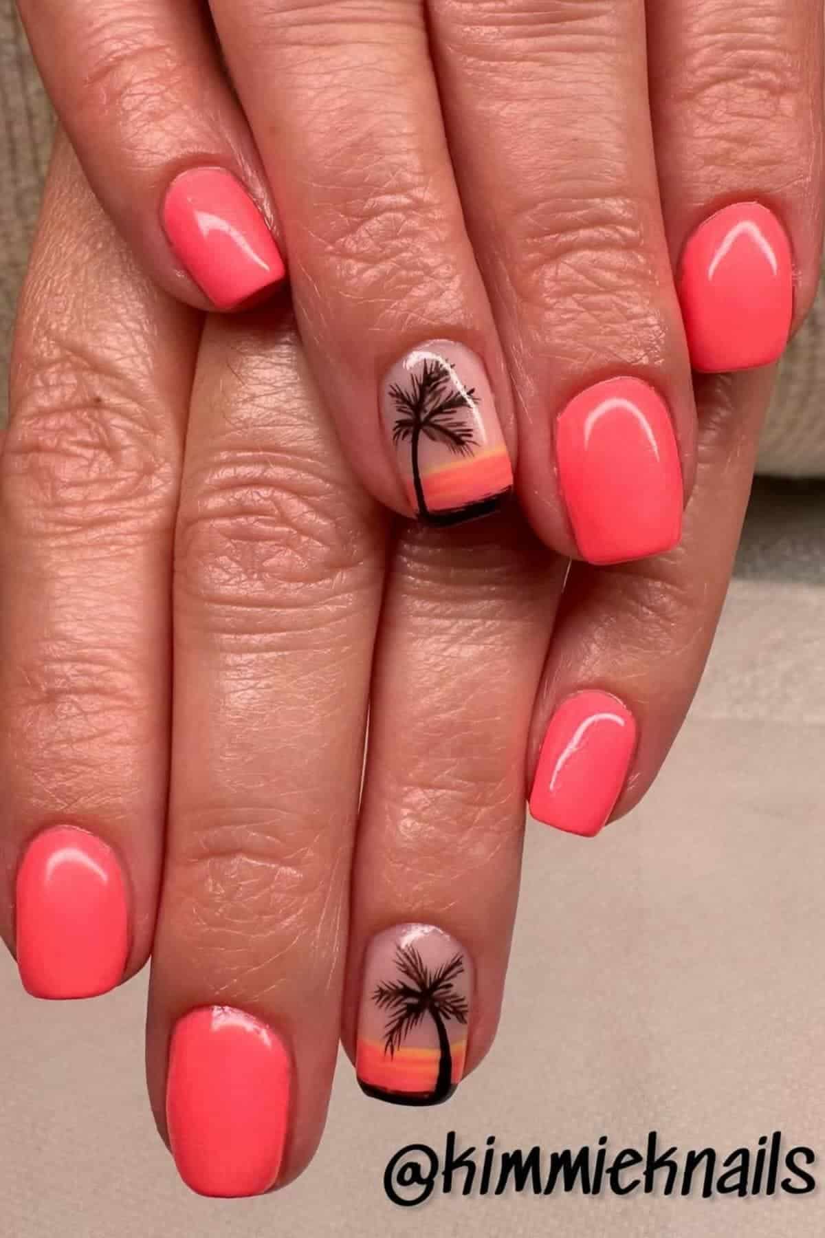 Hands with short nails painted coral pink; the ring fingers feature a sunset gradient and a black palm tree design. "@kimmieknails" is written on the image.