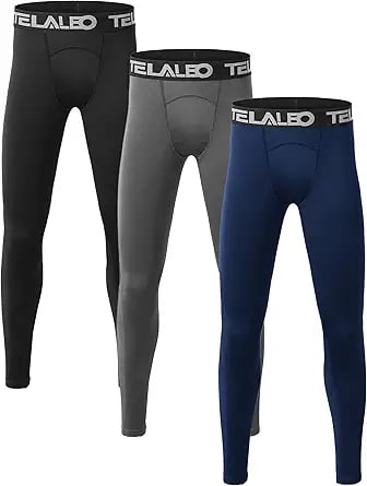 Three pairs of men’s compression pants in black, gray, and navy, each with a branded TELALEO waistband, displayed upright side by side.