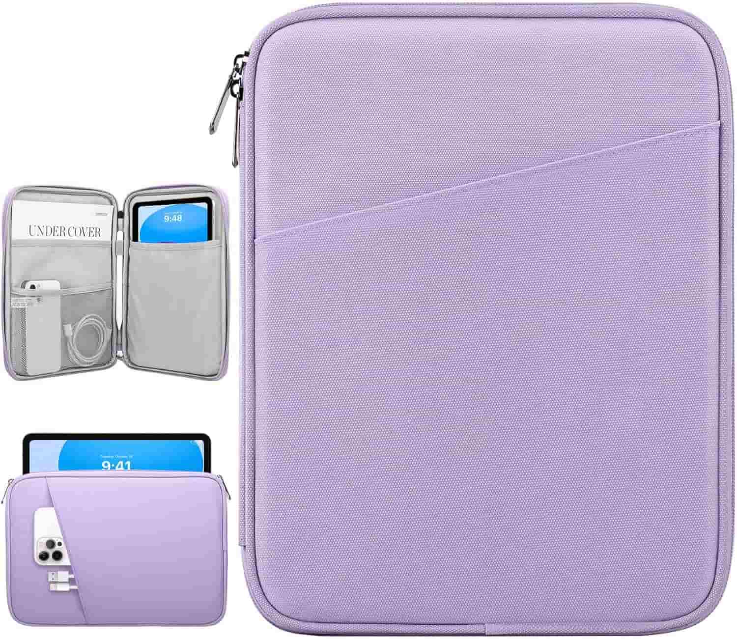 A lavender tablet sleeve with a front pocket, zip closure, and interior compartments holding a phone, cards, and accessories.