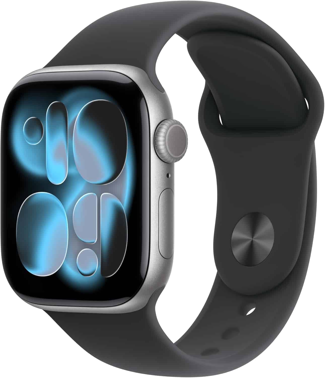 A black smartwatch with a rectangular screen displaying an abstract blue and black digital pattern, shown at a slight angle.