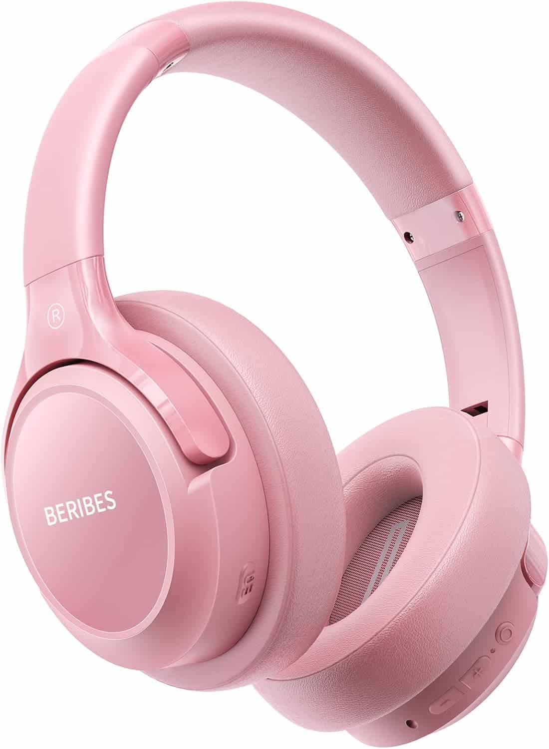 A pair of over-ear, wireless pink headphones with the brand name "BERIBES" printed on the ear cup.