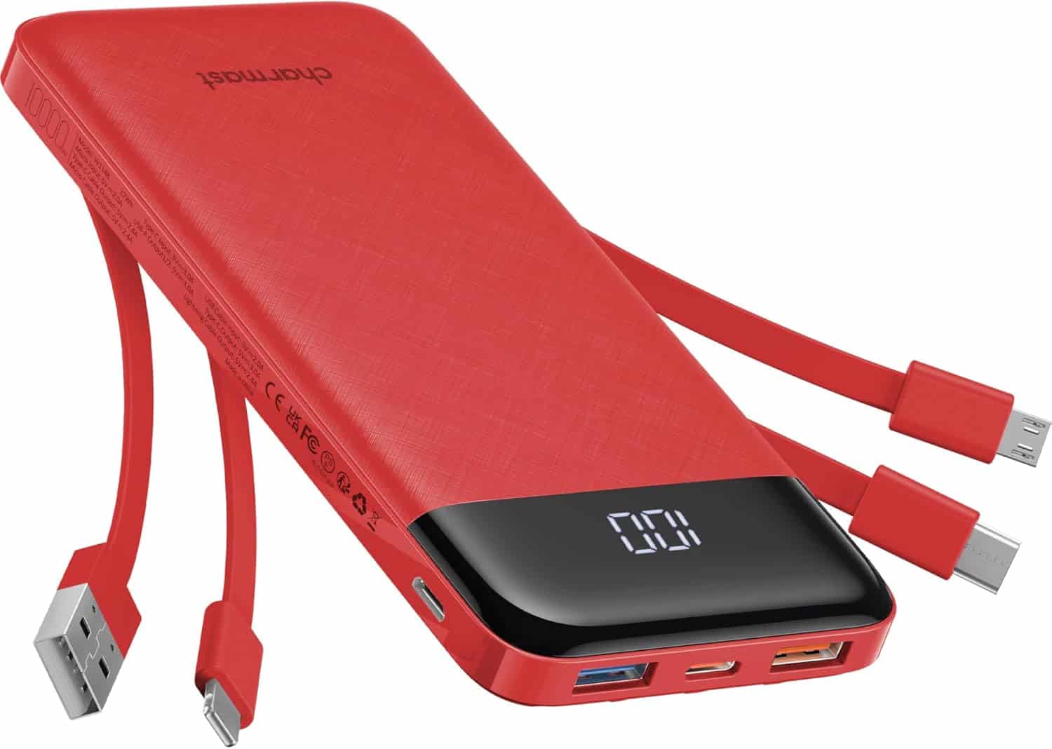 A red portable power bank with a digital display and built-in charging cables including USB, micro USB, and USB-C connectors.