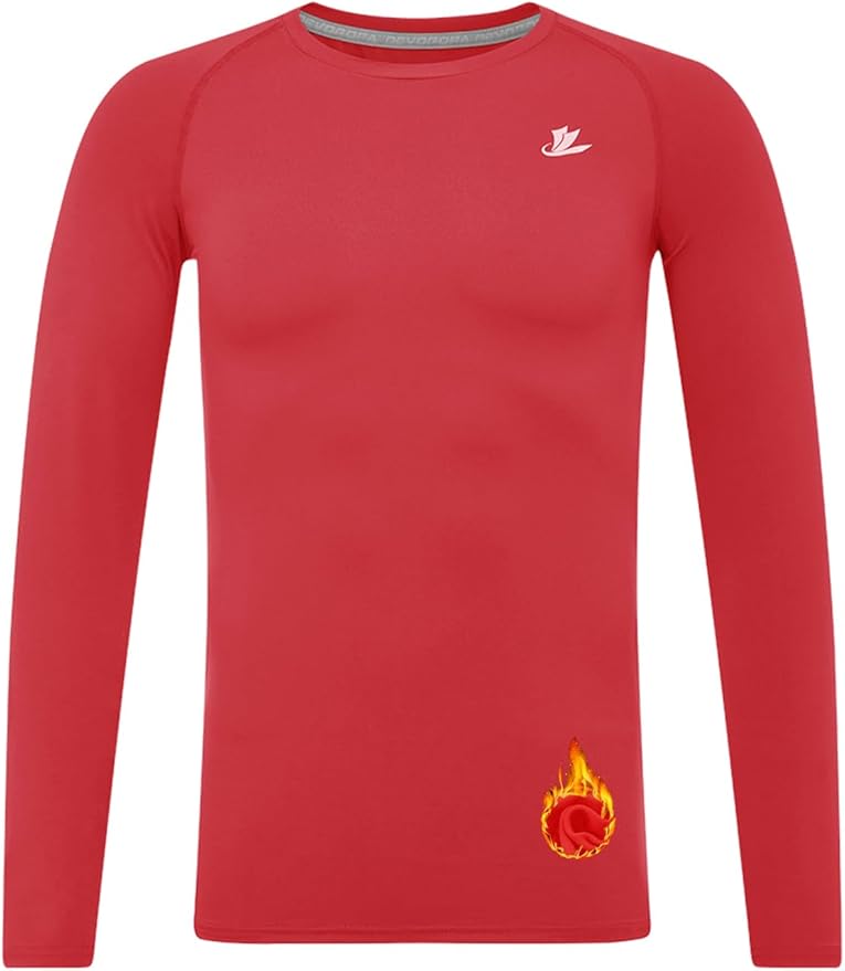A plain red long-sleeve athletic shirt with a small white logo on the left chest and a flame graphic near the lower right hem.