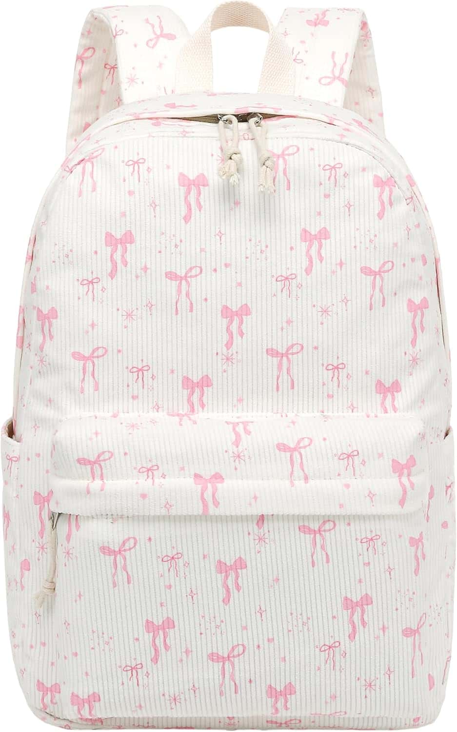 A white backpack with pink bows and stars pattern, featuring a front zipper pocket and side pockets.