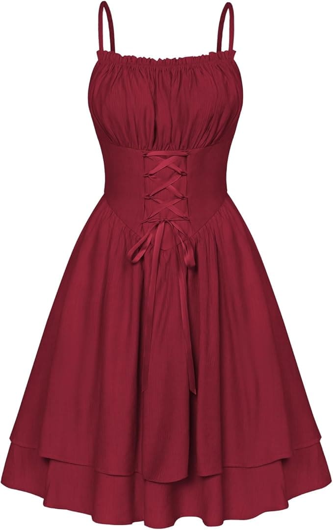 Sleeveless, burgundy dress with spaghetti straps, ruched bodice, corset-style lace-up front, and flared layered skirt.