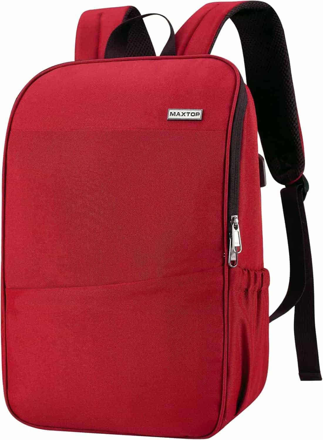 A red Maxtop backpack with a front zipper pocket, black shoulder straps, and a side pocket, shown against a white background.