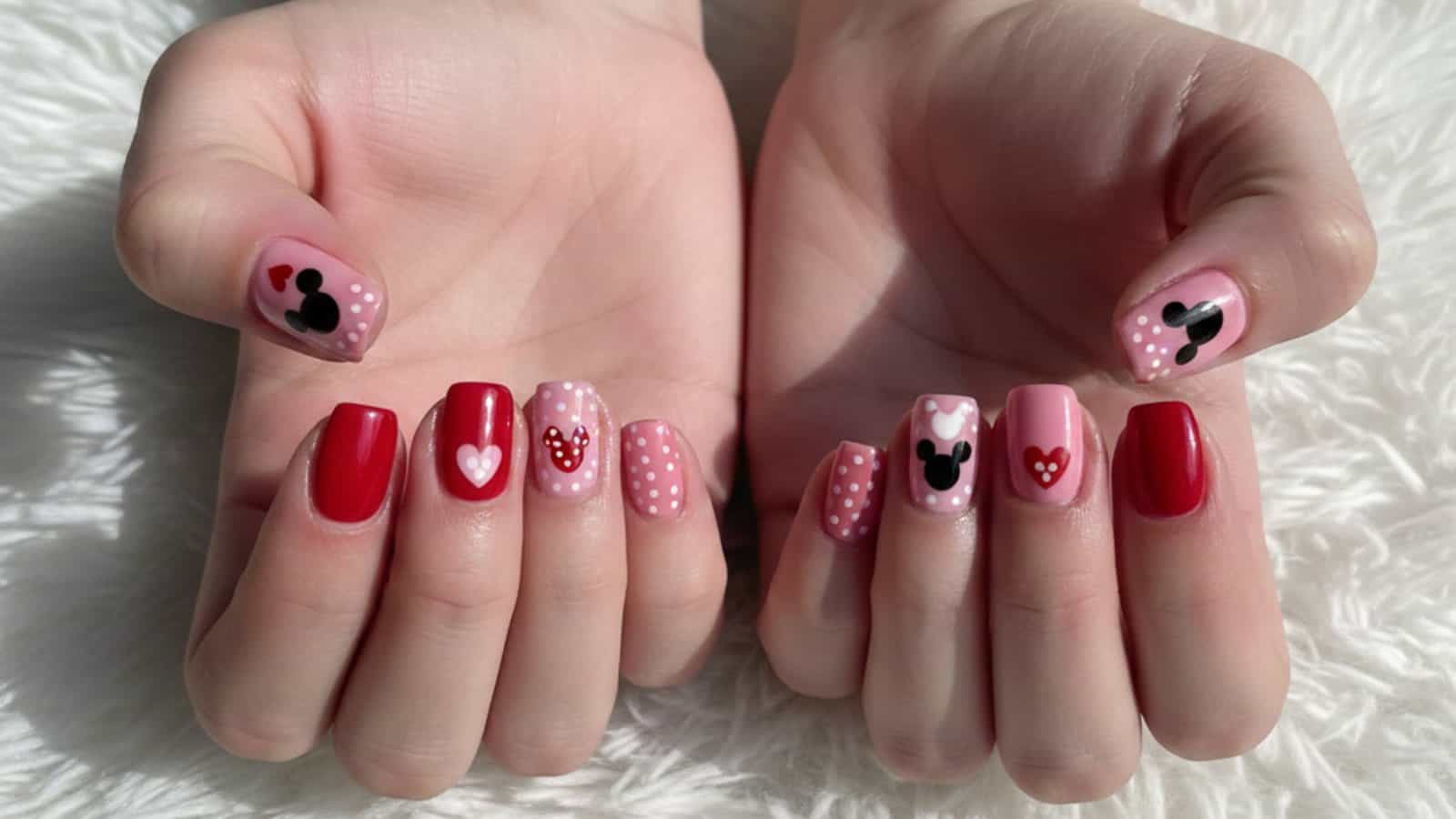 Two hands with manicured nails featuring red and pink polish, polka dots, hearts, and black Mickey mouse head designs, displayed on a white textured surface.