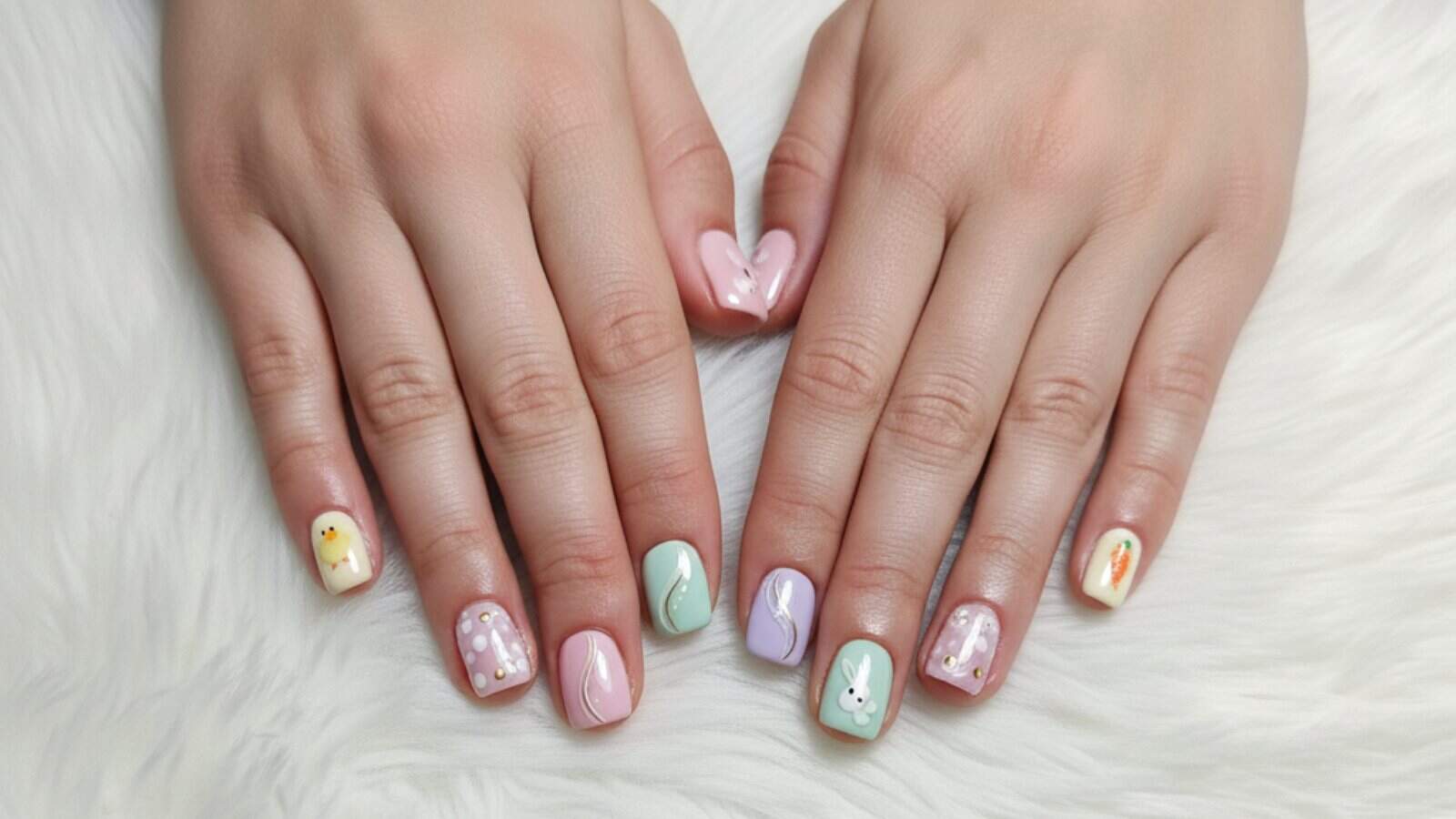 Two hands with pastel-colored nail art featuring Easter-themed designs, including a chick, bunny, carrot, and eggs, resting on a white, fluffy surface.