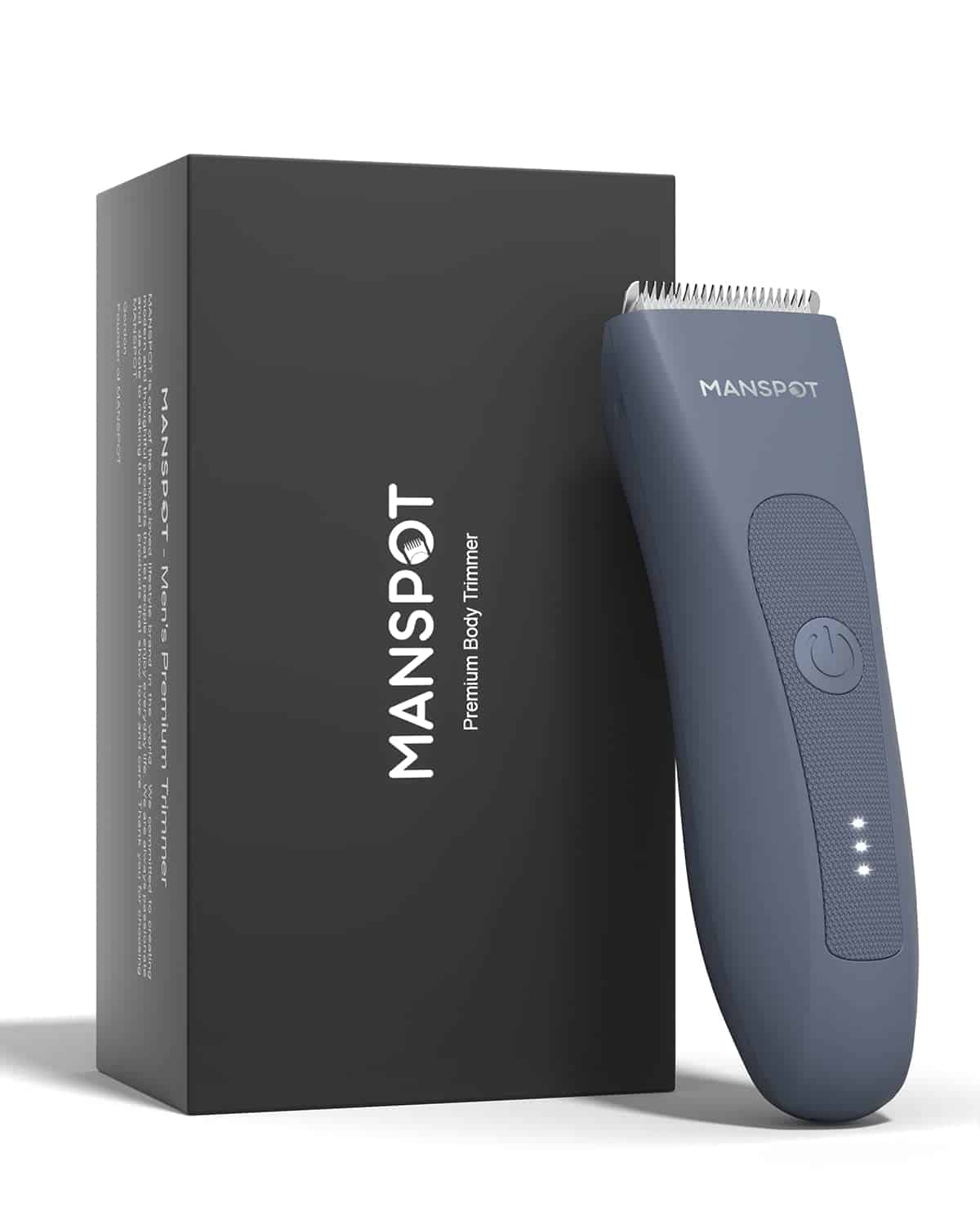 Gray MANSPOT premium body trimmer shown standing upright next to its black packaging box.
