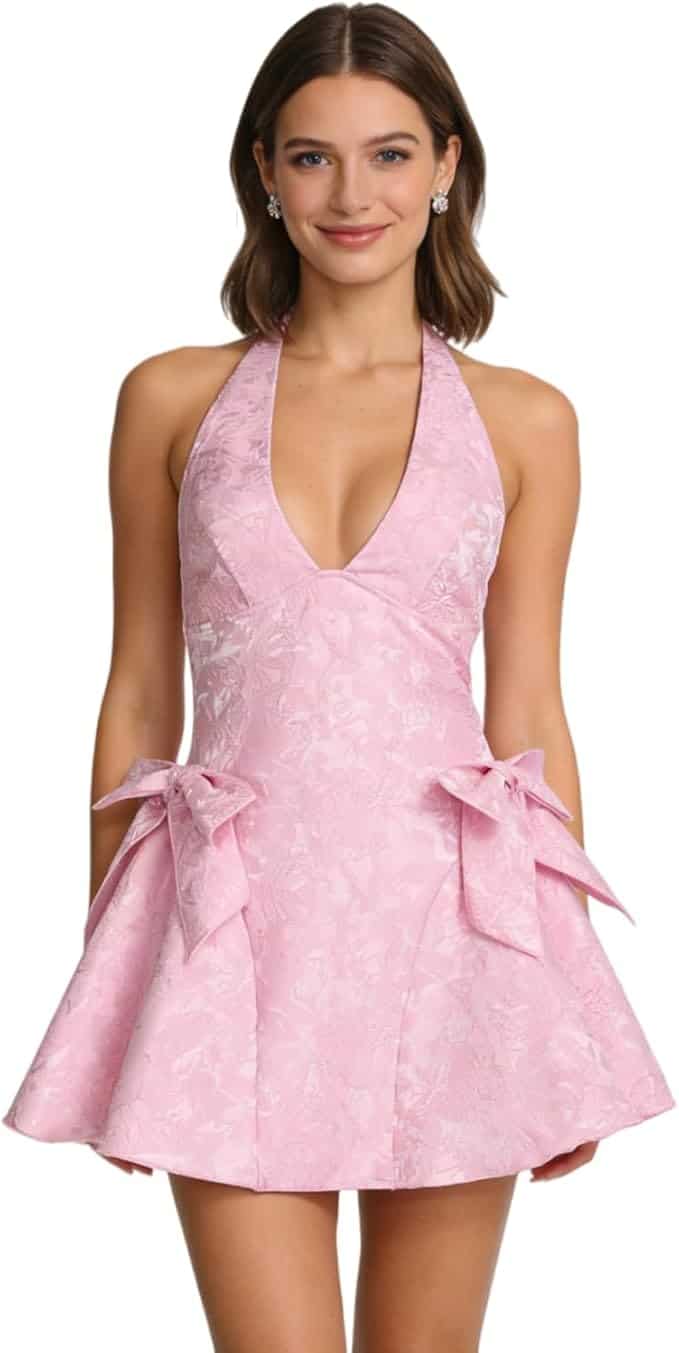A woman wearing a light pink, sleeveless halter dress with a deep V-neckline and large bows on the sides of the skirt.