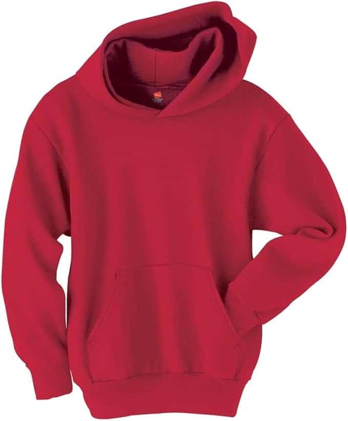 A plain red hooded sweatshirt with a front kangaroo pocket and long sleeves, laid flat on a white background.