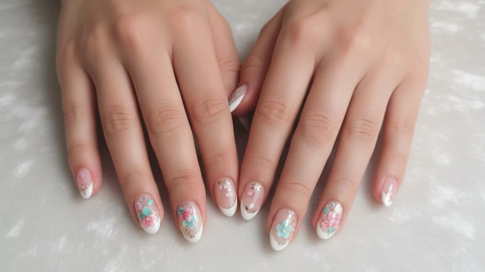 Two hands with manicured nails featuring a white French tip design, pastel floral patterns, and small rhinestone accents on a soft, white surface.