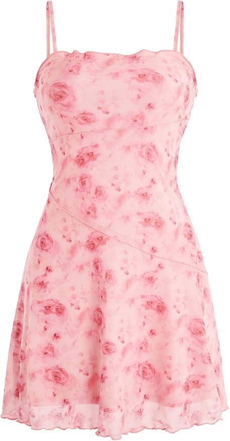 Sleeveless pink dress with spaghetti straps, featuring an all-over rose floral print and a fitted bodice with a flared skirt.