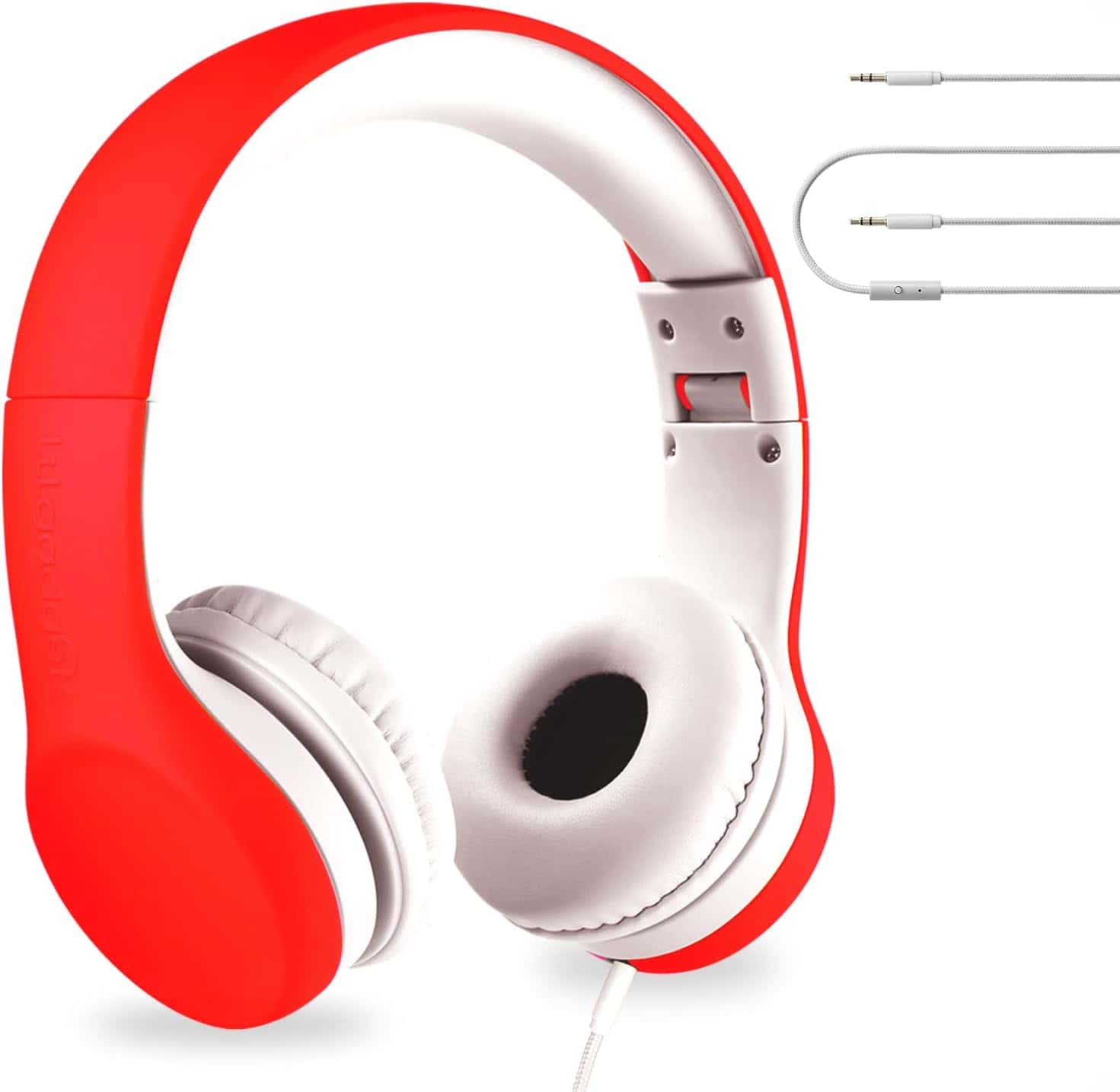 Red and white over-ear wired headphones with a detachable 3.5mm audio cable shown beside them on a white background.