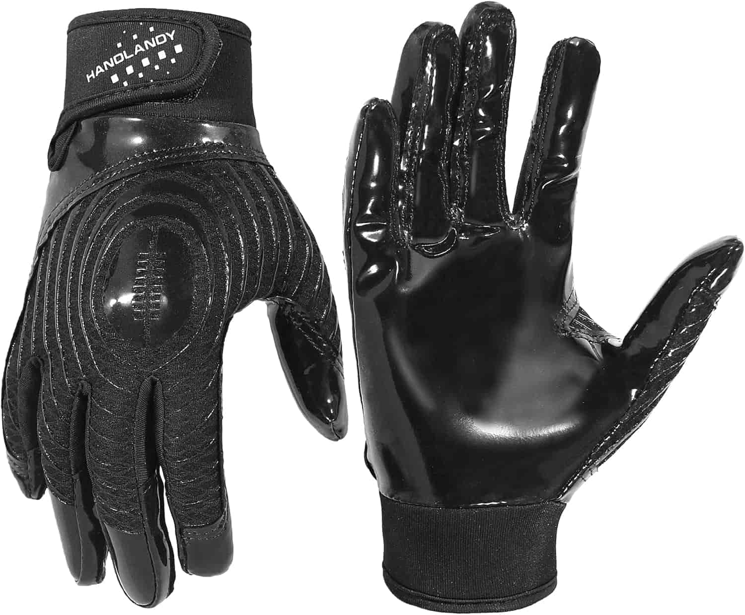 A pair of black work gloves; one glove shows the textured fabric back and the other displays the shiny, gripped palm side.