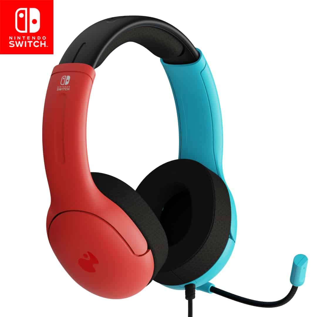 A Nintendo Switch gaming headset with one red earcup and one blue earcup, black cushioning, and a blue boom microphone.