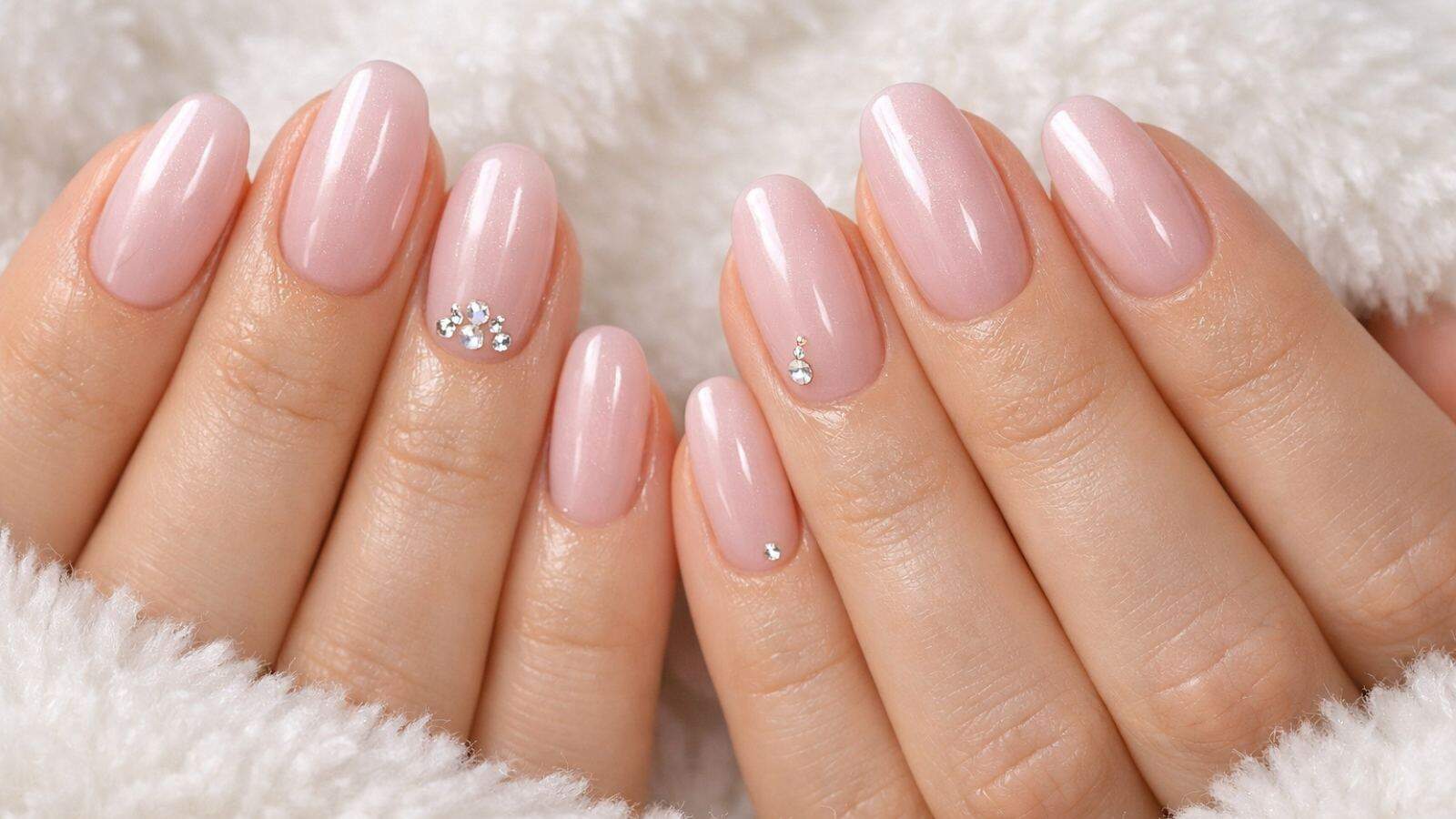 Close-up of hands with light pink, glossy manicure; accent nails feature small silver rhinestone decorations, resting on a white textured fabric.