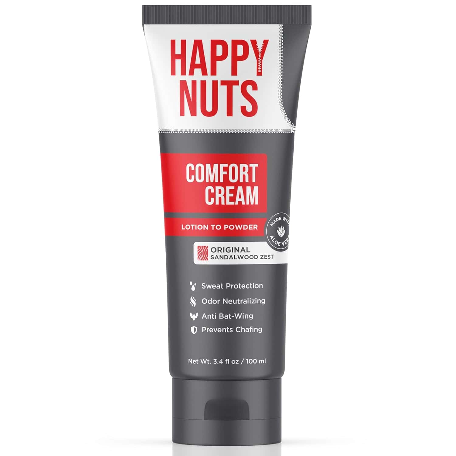 A tube of Happy Nuts Comfort Cream, labeled as lotion to powder, offering sweat protection, odor neutralizing, anti bat-wing, and prevents chafing. Net weight 3.4 fl oz / 100 ml.