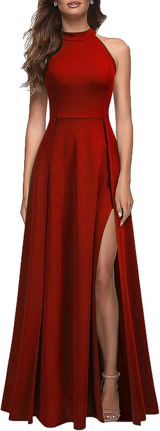 Woman wearing a sleeveless, floor-length red dress with a high neckline and thigh-high slit, paired with strappy heels.