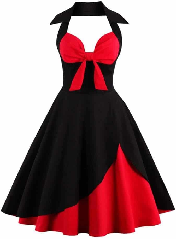 A sleeveless black and red halter-neck dress with a bow on the bodice and a flared skirt featuring a red underlayer.