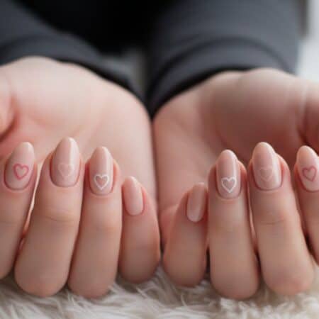 Hands with nude-colored manicured nails, each nail featuring a small outlined heart design, rest on a soft white surface.
